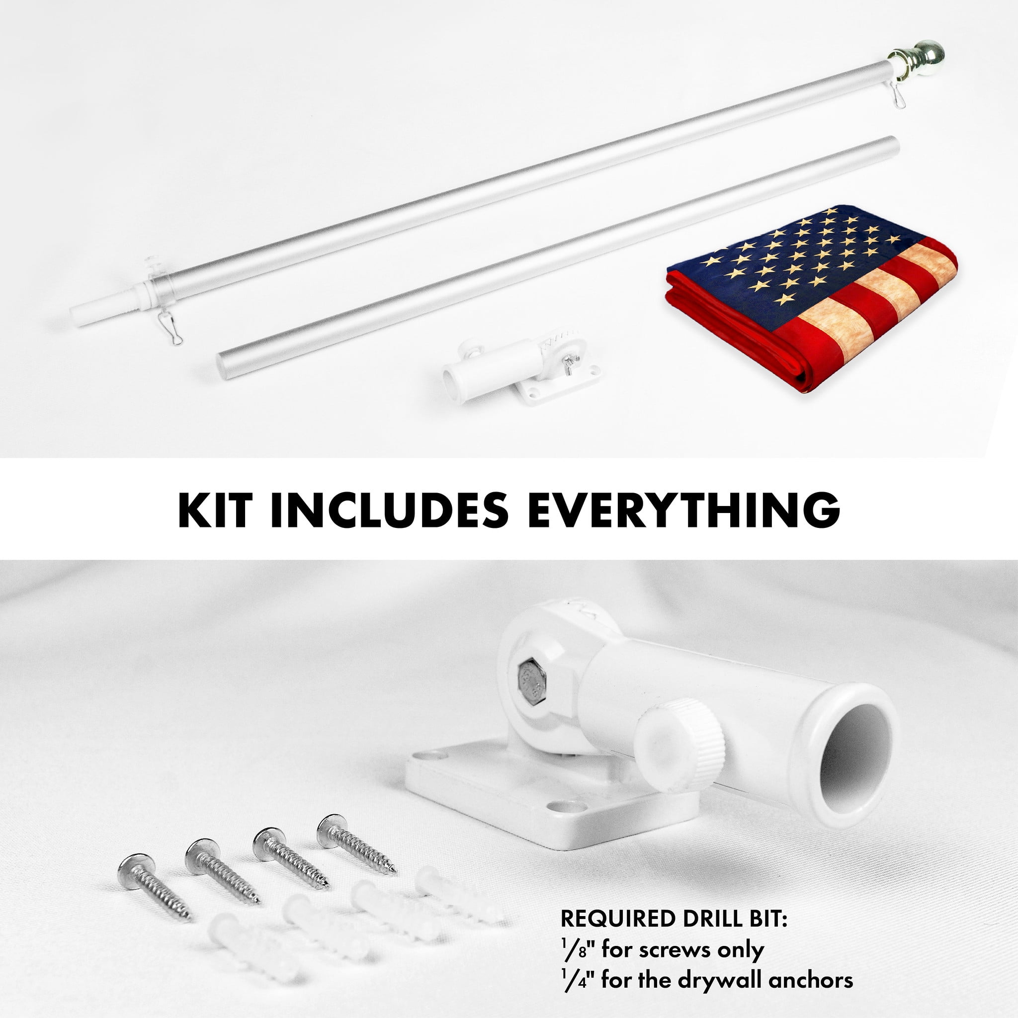 G128 Combo Pack: 5 Ft Tangle Free Aluminum Spinning Flagpole (Silver) & USA Tea-Stained Flag 2.5x4 Ft, ToughWeave Pro Series Embroidered 420D Polyester | Pole with Flag Included