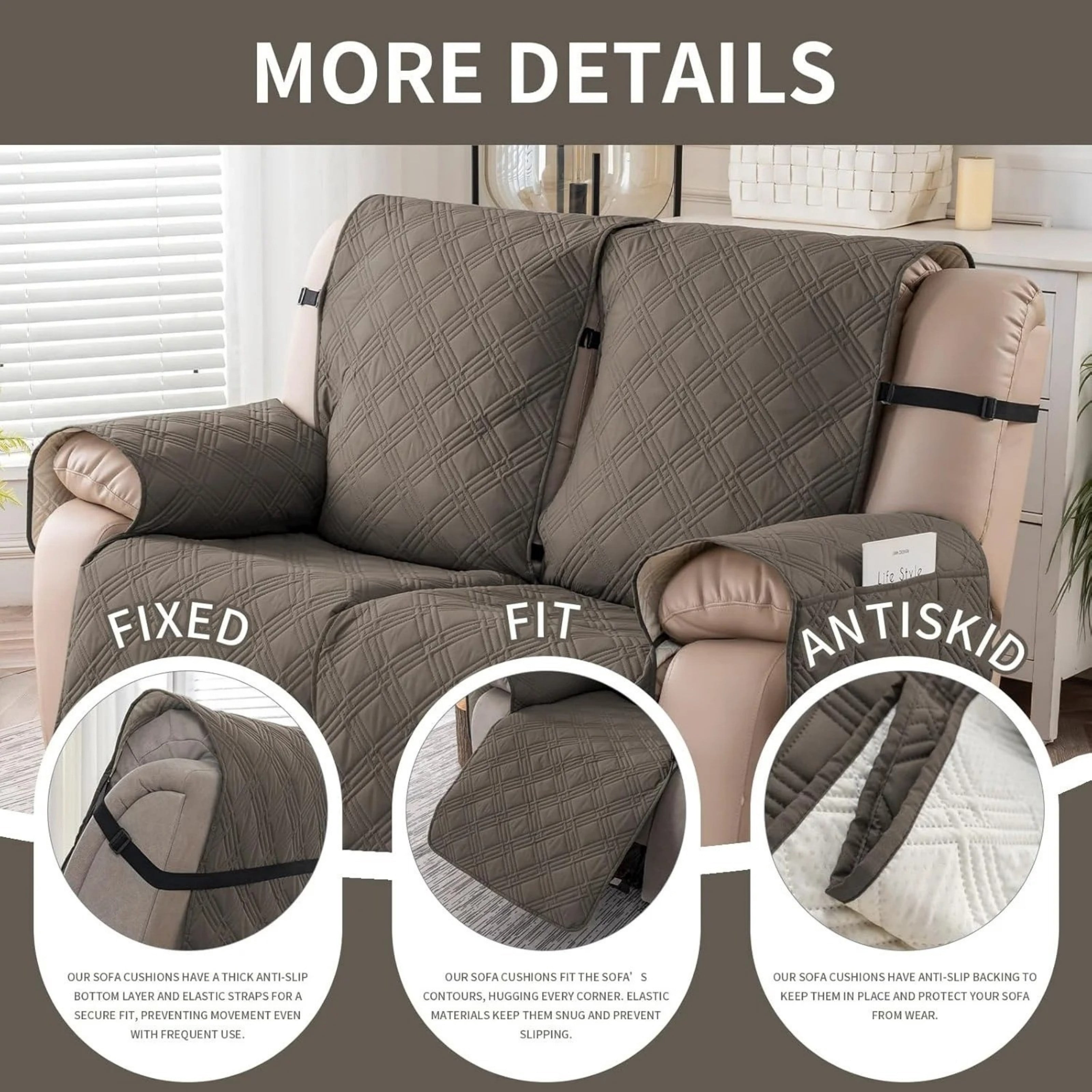 Lavish Cover 100% Waterproof Recliner Loveseat Cover, 2 Pieces Non-Slip Recliner Couch Slipcovers, Washable Furniture Protector with Pockets & Elastic Straps for Kids Pets, 2 Seaters, Gray Brown