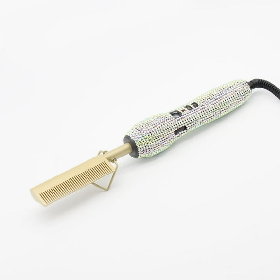 Glamorous Rhinestone Hot Comb, Professional Electric Pressing Comb with Iridescent Bling Handle for Edges, Wigs & Natural Hair