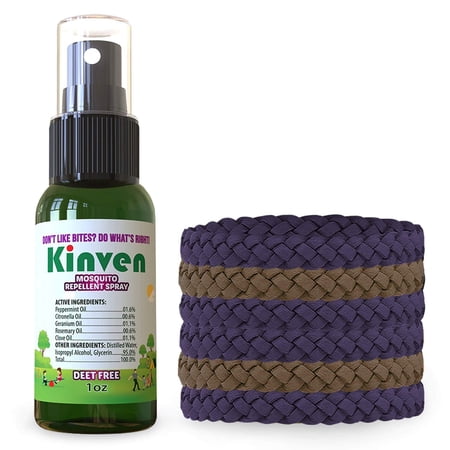 Kinven Bracelets and Spray Pack for Mosquito - 1oz Bottle + 2 Brown & 4 Violet Bracelets, Great Looking and Natural, Insect Wristband & Spray, Waterproof, Indoor Outdoor Protection for Adults & Kids