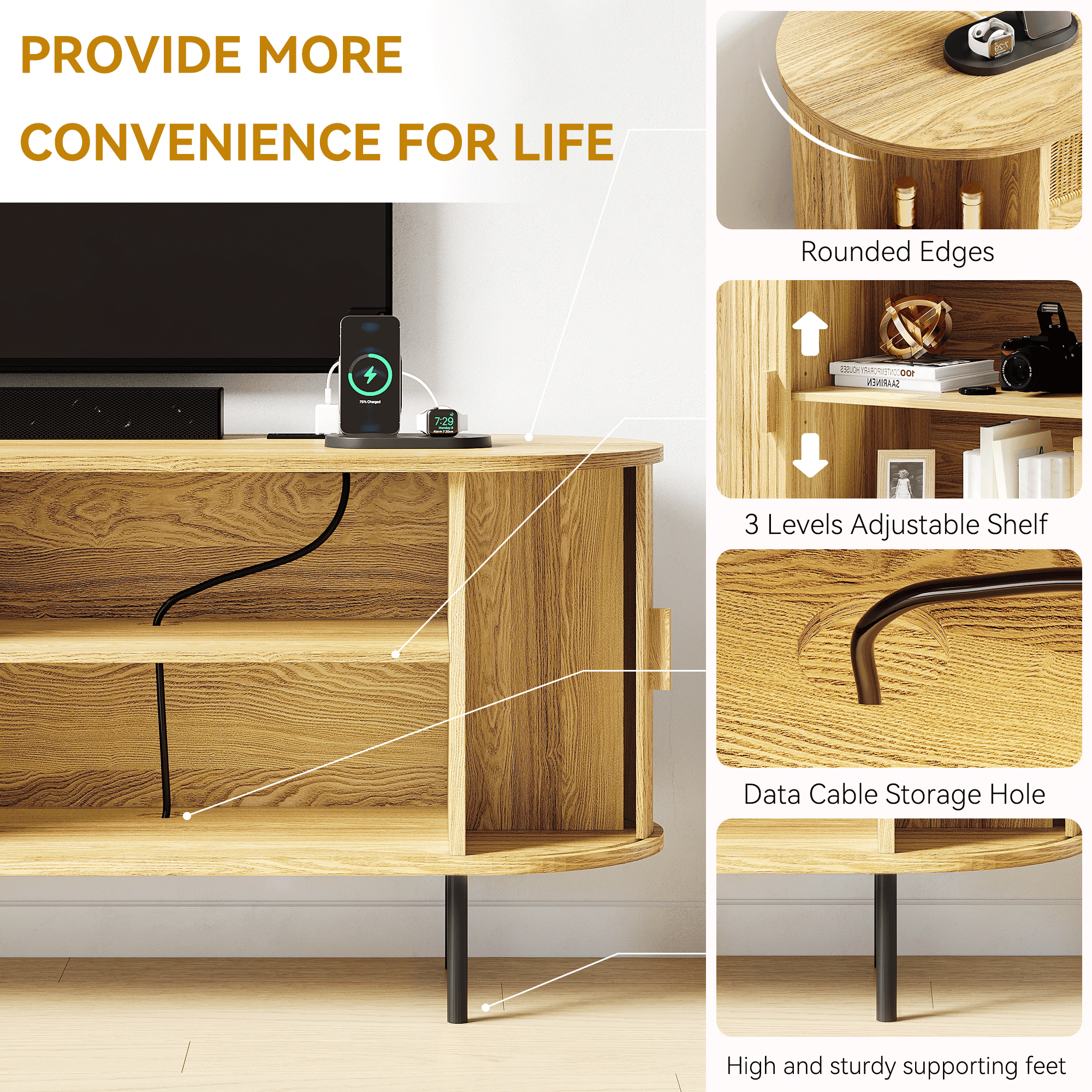 MARNUR 63" TV Stand for 70" TV, Wood Entertainment Center with Storage and Shelves, 2 Sliding Tambour Doors, Mid-Century Modern, Oak