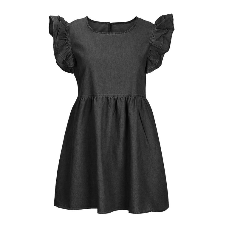 SELONE Denim Dresses for Women Fitted Summer Casual Denim Mini Ruffle  Fashion Retro Loose Cuff Short Skirt Summer Dresses for Women Midi Dresses  for Women for Everyday Wear Beach Vacation Black XXL -