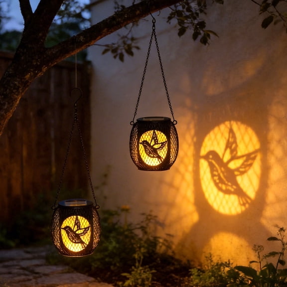 Solar Lanterns Outdoor, 2Pcs Hummingbird Hanging Solar Lights for Garden Decor, IP65 Waterproof Metal Garden Lanterns for Patio, Yard, Balcony