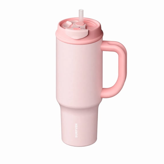 SURFVEN 40 oz Double Wall Insulated Stainless Steel Tumbler with Handle, Leakproof 2-in-1  Straw Lid, Pink
