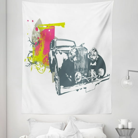 Vintage Tapestry, Pop Art Retro Custom Classic Car Grunge Effects Illustration, Fabric Wall Hanging Decor for Bedroom Living Room Dorm, 5 Sizes, Lime Green Slate Blue, by Ambesonne