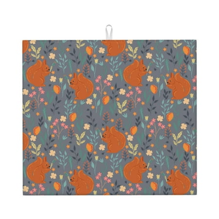 

Dish Drying Mats for Kitchen Counter - Bohemian Cute Squirrel Flower 16x18In Anti-Slip Absorbent Microfiber Drying Mat for Kitchen Counter Mat Dish Rack Mat with Hanging Loop