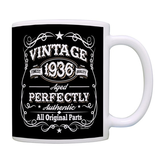 ThisWear 90th Birthday Mug Vintage 1936 All Original Parts Birthday Coffee Cup Gift 11oz Ceramic Coffee Mug with Handle Black