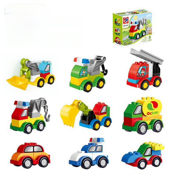 Bloques de construcción de partículas grandes compatibles, ensamblaje de automóviles, ingeniería, automóvil, coche de policía, juguete de bloques de construcción para niños de 1 a 3 años