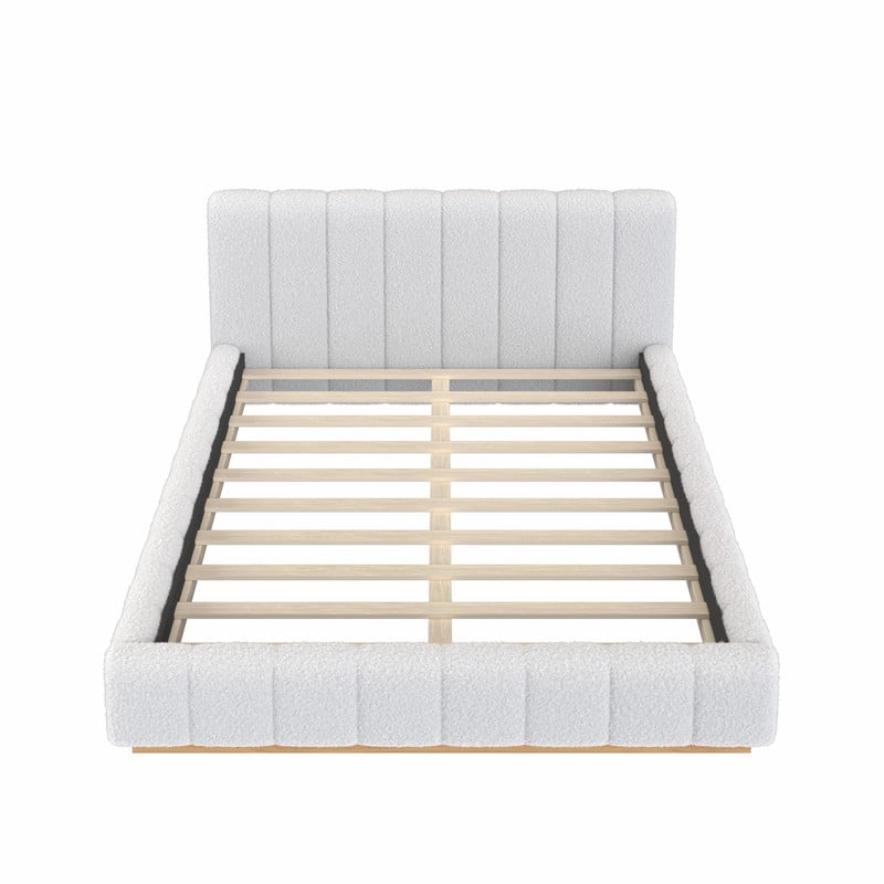 Queen Size Boucle Upholstered Bed Frame, Low Profile Wooden Platform Bed, No Box Spring Needed Floor Bed with Padded Headboard