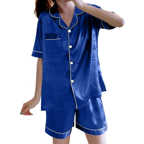 Aofany Womens Silky Satin Pajama Set Short Sleeve Shirt with Shorts 2 Piece Pjs Sets Soft Silk Sleepwear Nightwear Button-Down Loungewear