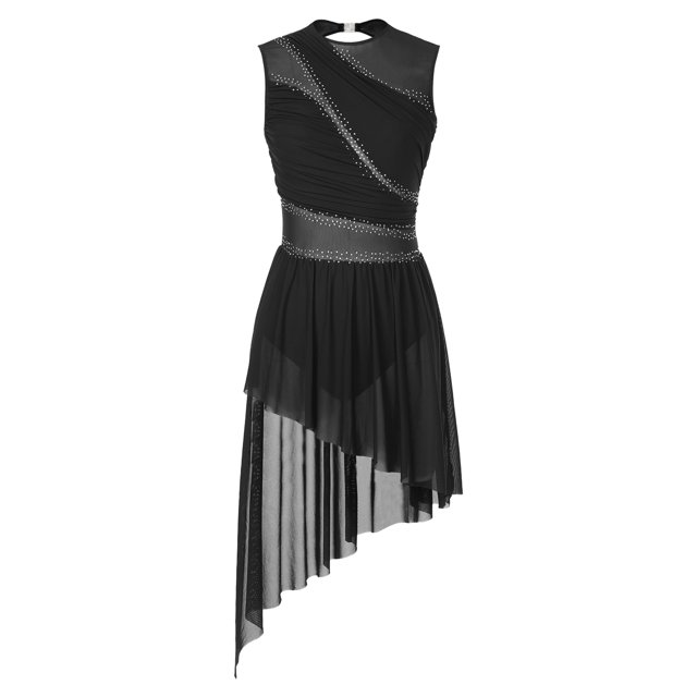 RUNQHUI Costume de Danse Lyrique pour Femmes Robe de Patinage Sans Manches en Chiffon Fluide Noir L