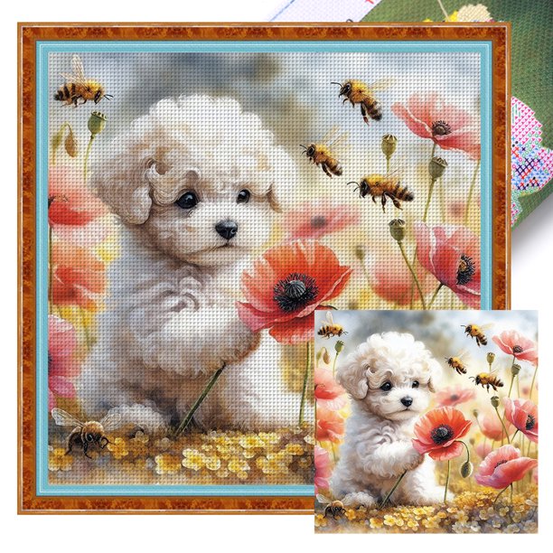 Kit Punto Cruz Perro Impreso Hilo Algodón Ecológico Bordado Arte 40x40cm 11CT