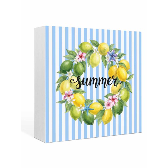 Wood Box Sign Lemon Wreath Square Boxes Sgin Desk Decor Decorative Wood Block Plaque Summer Fruit Blue Stripes Wooden Signs for Home Tabletop Shelf Wall Office Room Table Decorations Gifts 6"x6"
