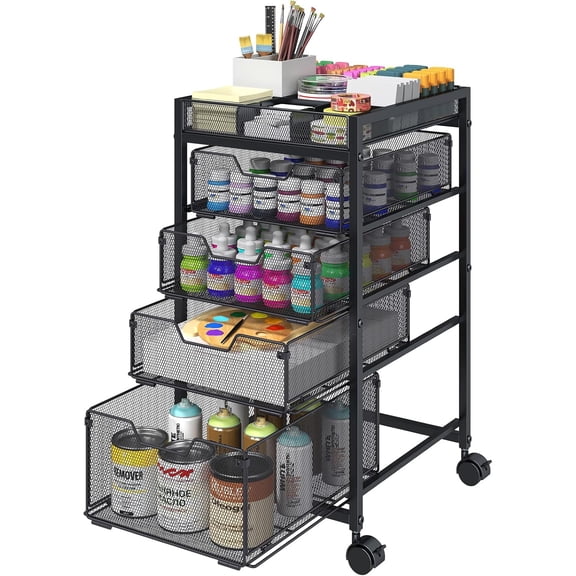 Rolling Utility Cart with 4 Drawers, Craft Organizer and Storage Carts with DIY Divider, Lockable Wheels Storage Organizer for Art Supplies, Store for Brushes & Paints & Artifacts & Small Parts