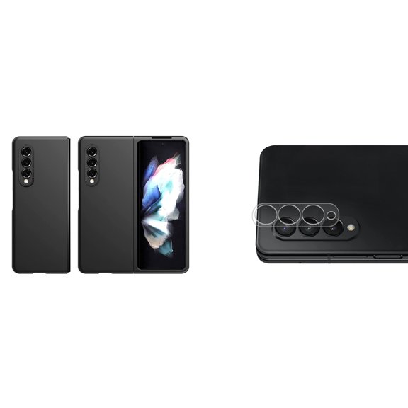 Bemz Accessory Bundle for Galaxy Z Fold 3 5G: Slim Rubberized Matte Snap On Case (Black), Rear Camera Glass Screen Protector