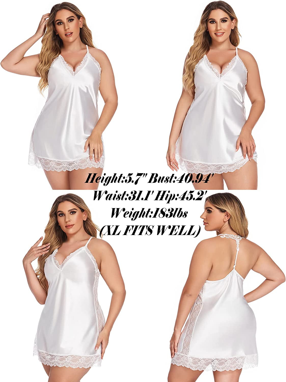 kpoplk Cute Lingerie For Women,Women Lingerie Satin Lace Chemise Nightgown  Full Slips Sleepwear(White)