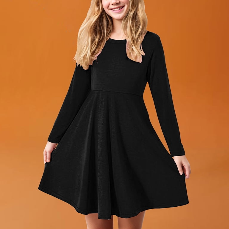 Gvdentm Girls Long Sleeve Stretchy Dress 3-18 Year A line Twirly Skater  School Party Dress Black,17-18 Years - Walmart.com