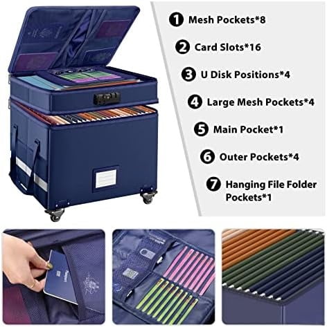 File Box with Lock, 2-Layer Fireproof Document Box with Wheels,Collapsible File Storage Organizer with Pockets,Large Portable Office Filing Cabinet Hanging Folders,Blue,16''x13.8''x12.2''