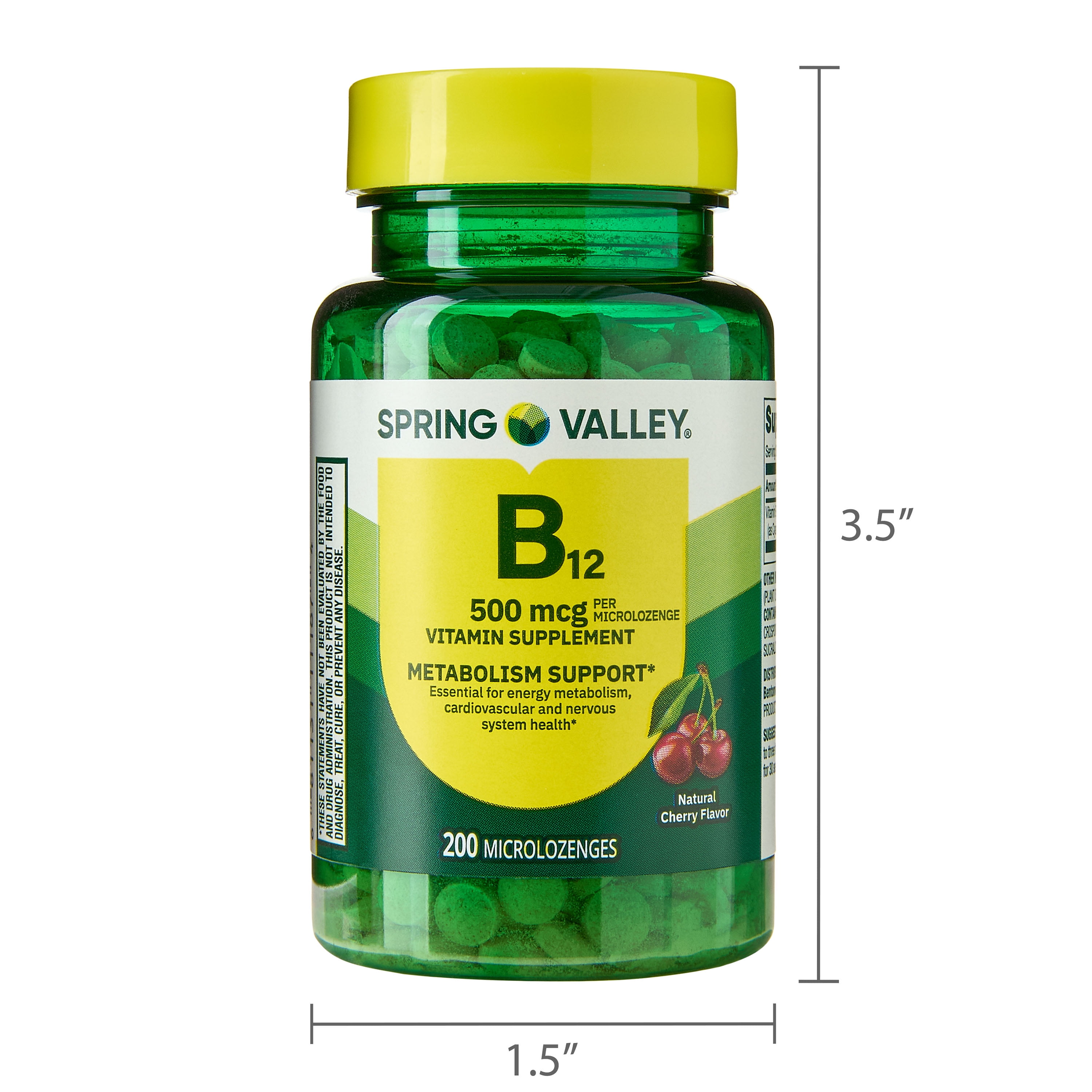 Spring Valley Sublingual Vitamin B12 Supplement, Cherry Flavor, 500 mcg,  200 Count, Microlozenges for Metabolism Support HSA/FSA Eligible