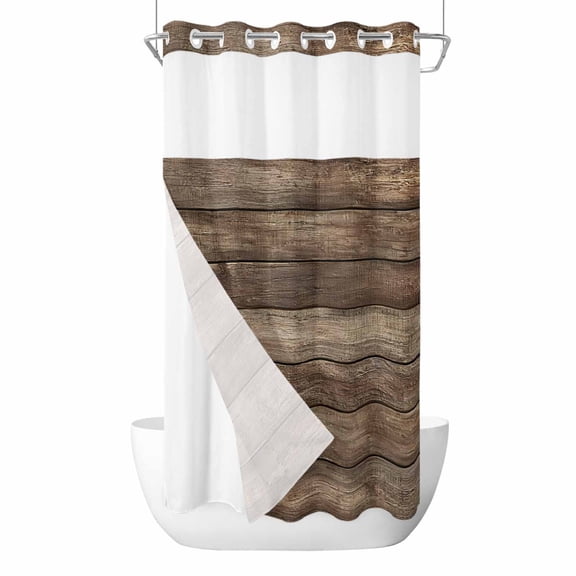 No Hook Old Wooden Board Shower Curtain with Snap in Liner Set, Rustic Farmhouse Brown Wooden Plank Waterproof Fabric Bathroom Curtains with See Through Top Window, Hotel Style Small 36 x 72 Inch