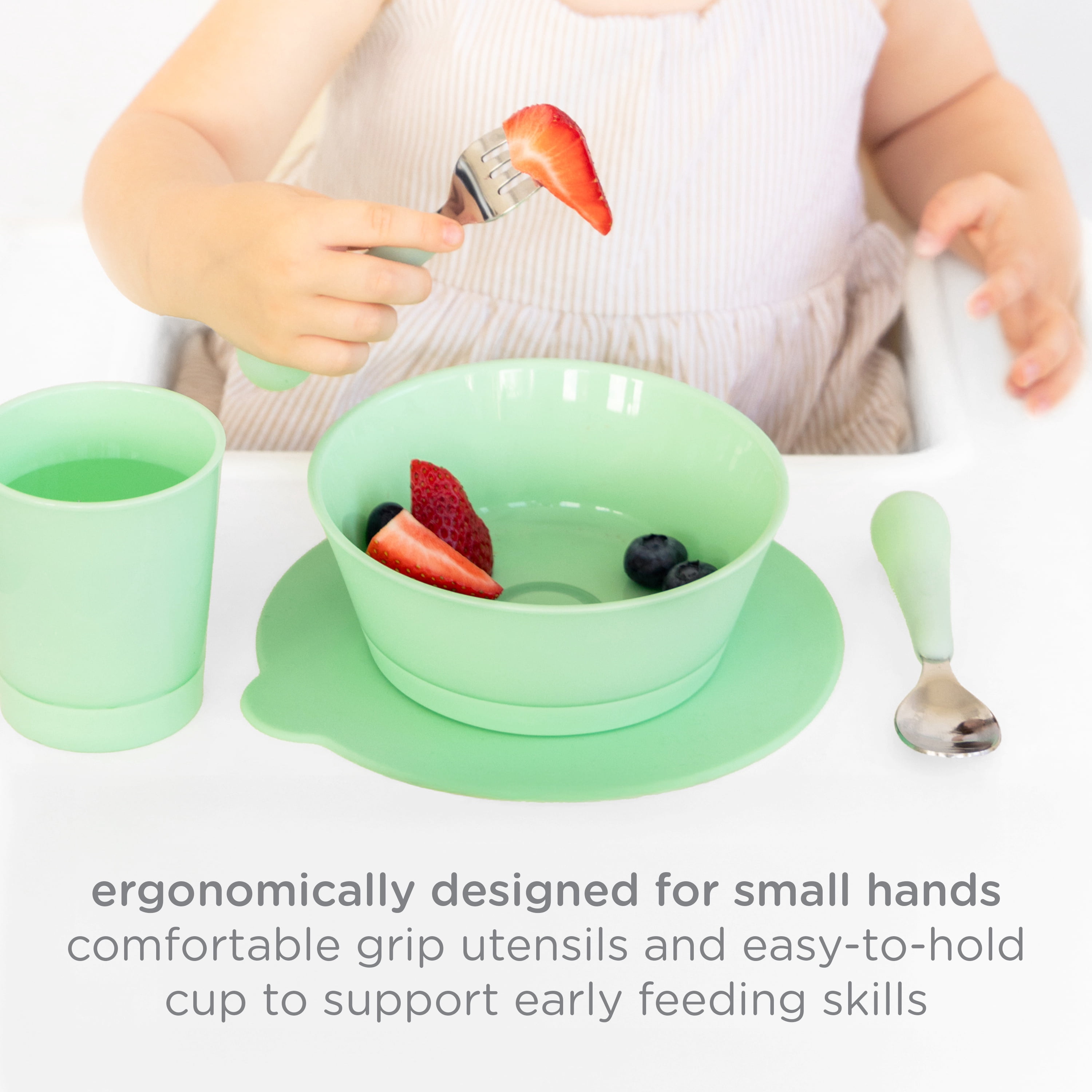 Ubbi 7-Piece Suction Toddler Feeding Set, Includes Plate, Bowl, Cup, Utensils, Interchangeable Suction Cup Base, Polaris Blue
