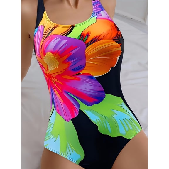 Women’s Vibrant Floral Print One-Piece Swimsuit, Scoop Neck Slimming Bathing Suit, Colorful Tropical Flower Swimwear