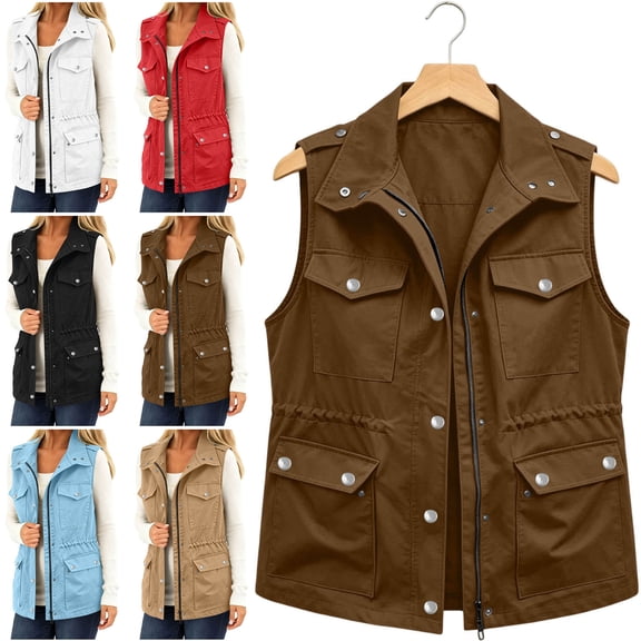 Women's Utility Cargo Vest - Multi-Pocket Zip Up Sleeveless Jacket with Drawstring Waist