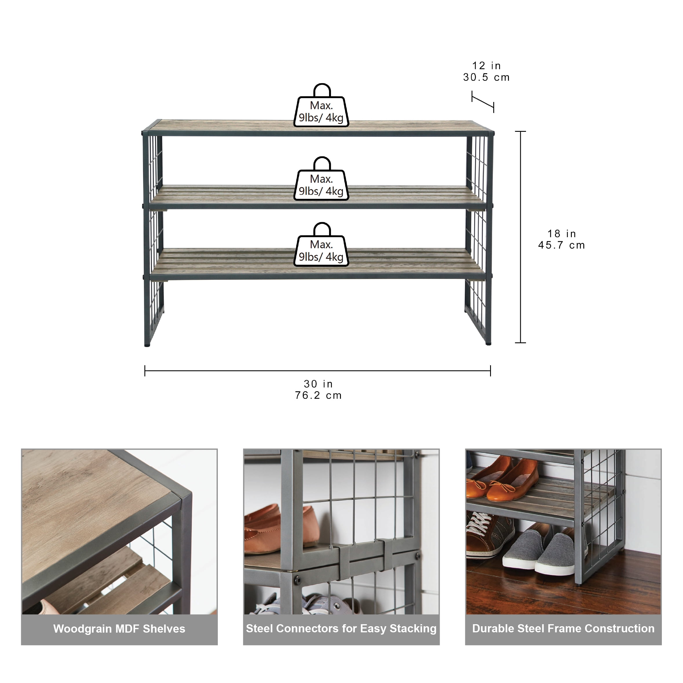 Better Homes & Gardens Farmhouse 3 Tier Shoe Rack, Gray, 30IN Wx 12 IN Dx 18IN H, Holds up to 12 Pairs