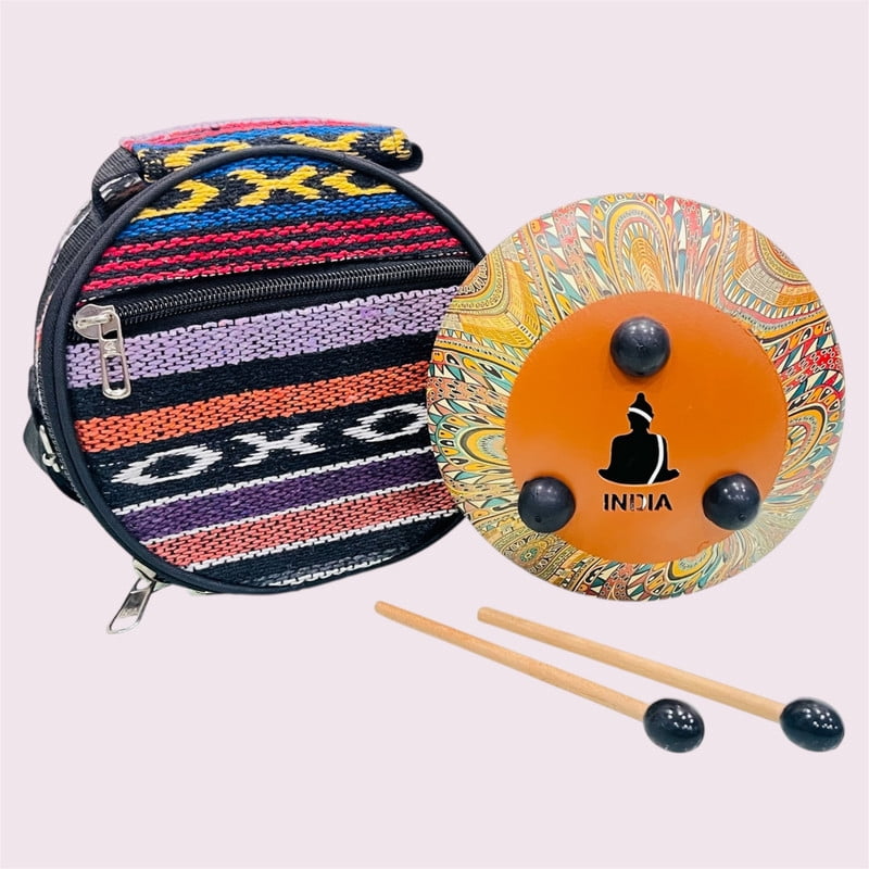 NARAYANI CRAFTS Traditional Drum, Multicolor with Vibrant Yellow Base, Includes 2 Sticks, Musical Instrument for Music and Gifting