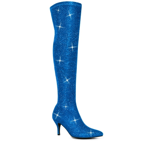 BLISSFUL STEP Women's Glitter Pointed Toe Stiletto Heels Over the Knee High Boots Royal Blue 7