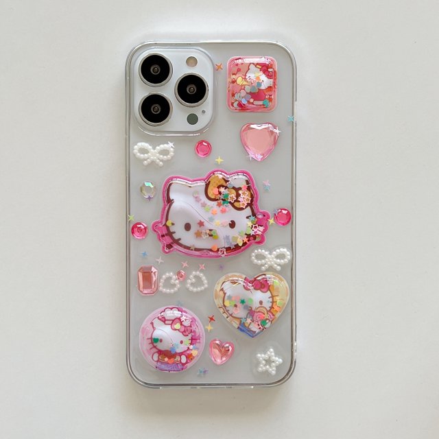 Funda de teléfono de arena movediza con lazo de perlas 3D Sanrio para IPhone 14, 13, 12, 11 Pro Max, transparente, Y2k, regalo para niña Fivean unisex