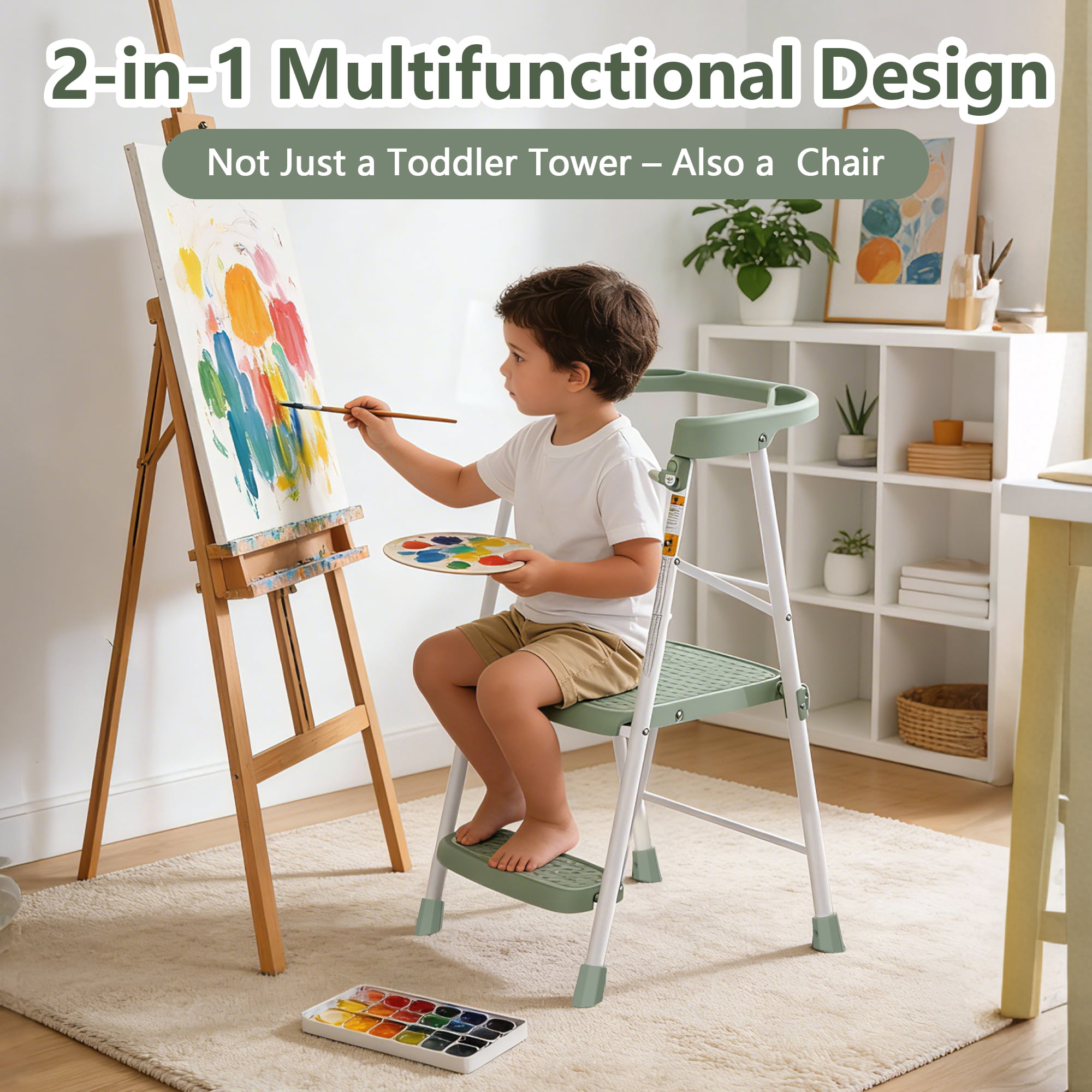 LevLad Toddler Kitchen Step Stool Helper for Kids, Foldable Learning Standing Tower for Kitchen Counter, Bathroom Sink, Green