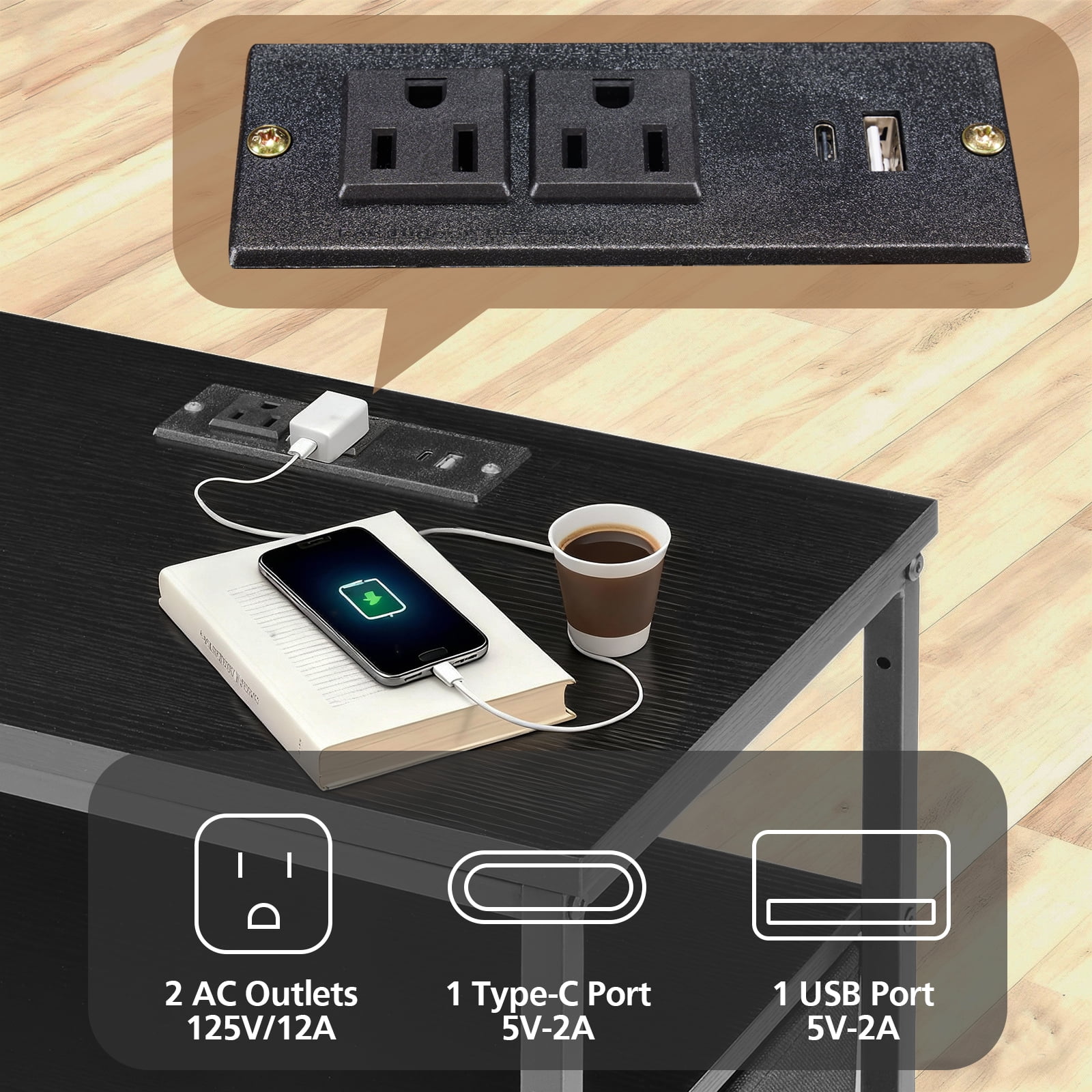 Smart Nightstand with LED Lights & Charging Station | Remote App Control Bedside Table | 2 AC Outlets, USB-C Port, 5 Drawer Storage | Modern End Table for Bedroom, Black