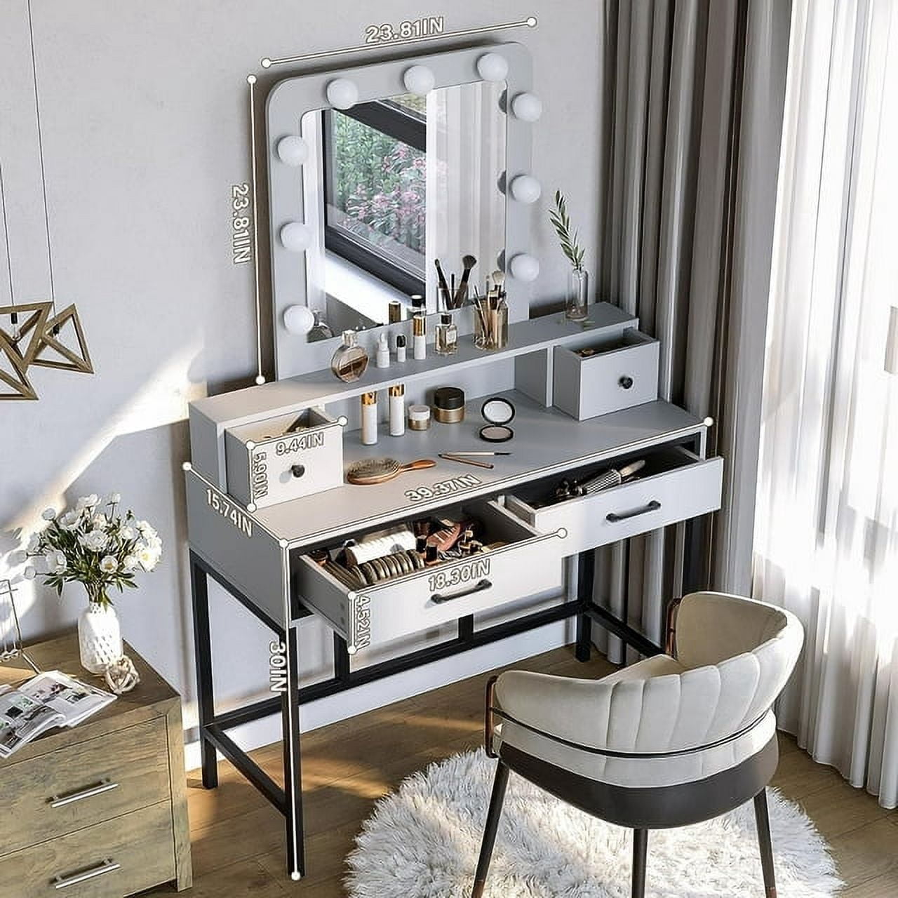 Heynemo Makeup Vanity 3 Color Hollywood Mirror with Dimmable Lighted, Vanity Table with 4 Drawers for Women Girls, Dressing Desk for Bedroom, Beauty Room, White