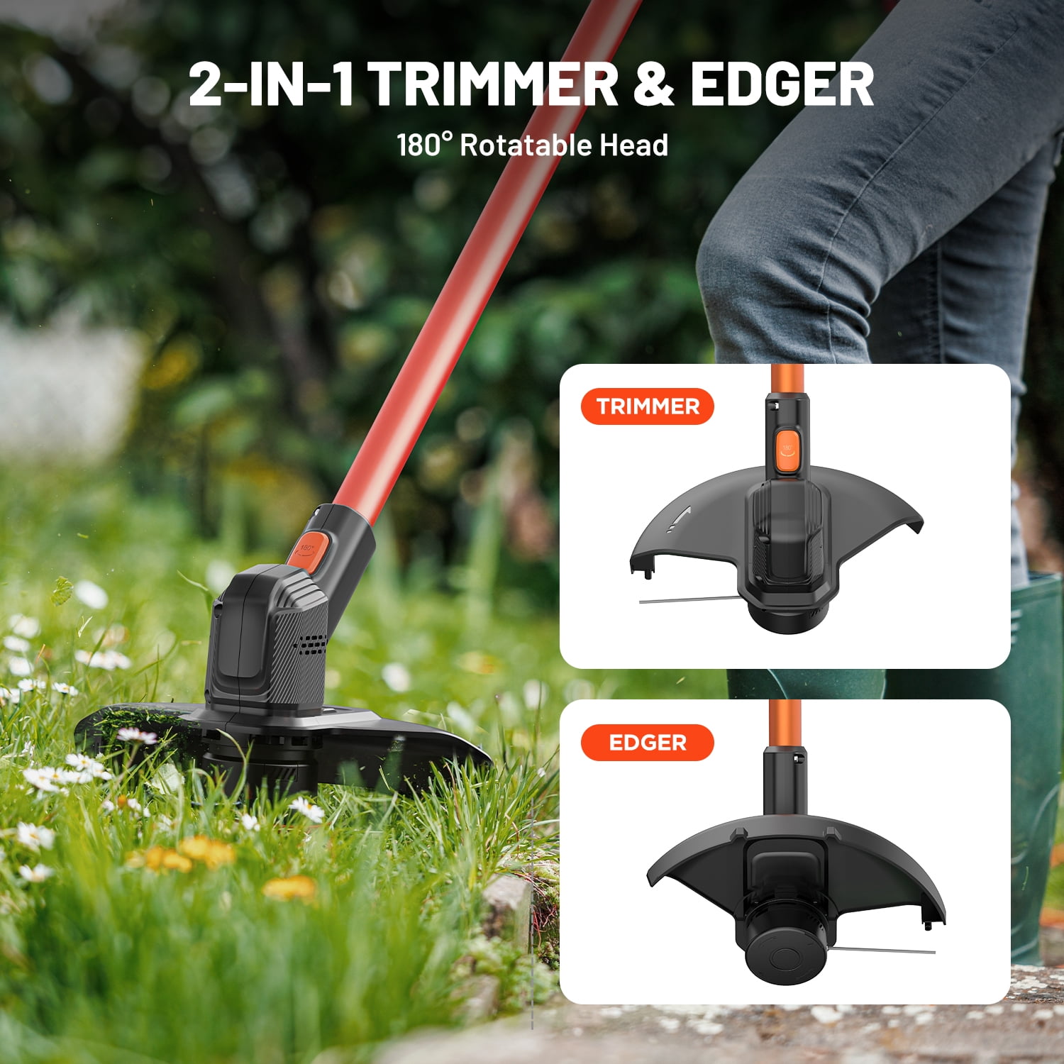 Litheli 20V 12" Cordless String Trimmer, Battery Powered Grass Trimmer & Wheeled Edger, with 2.0Ah Battery, for Garden, Yard and Farm