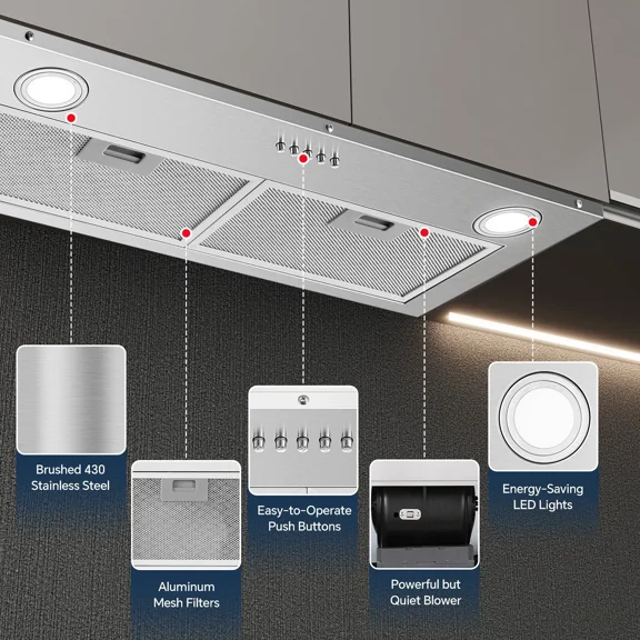 30 inch Built in Range Hood Stainless Steel 600 CFM Integrated Rangehood Cooking Vented