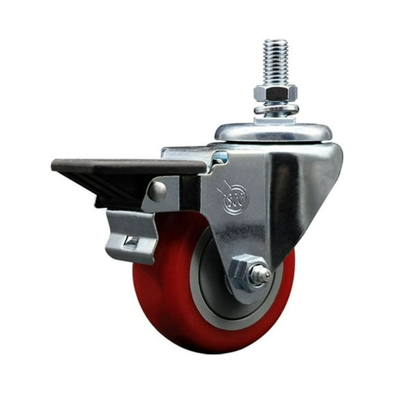 3 Inch Red Polyurethane 10MM Threaded Stem Caster with Brake