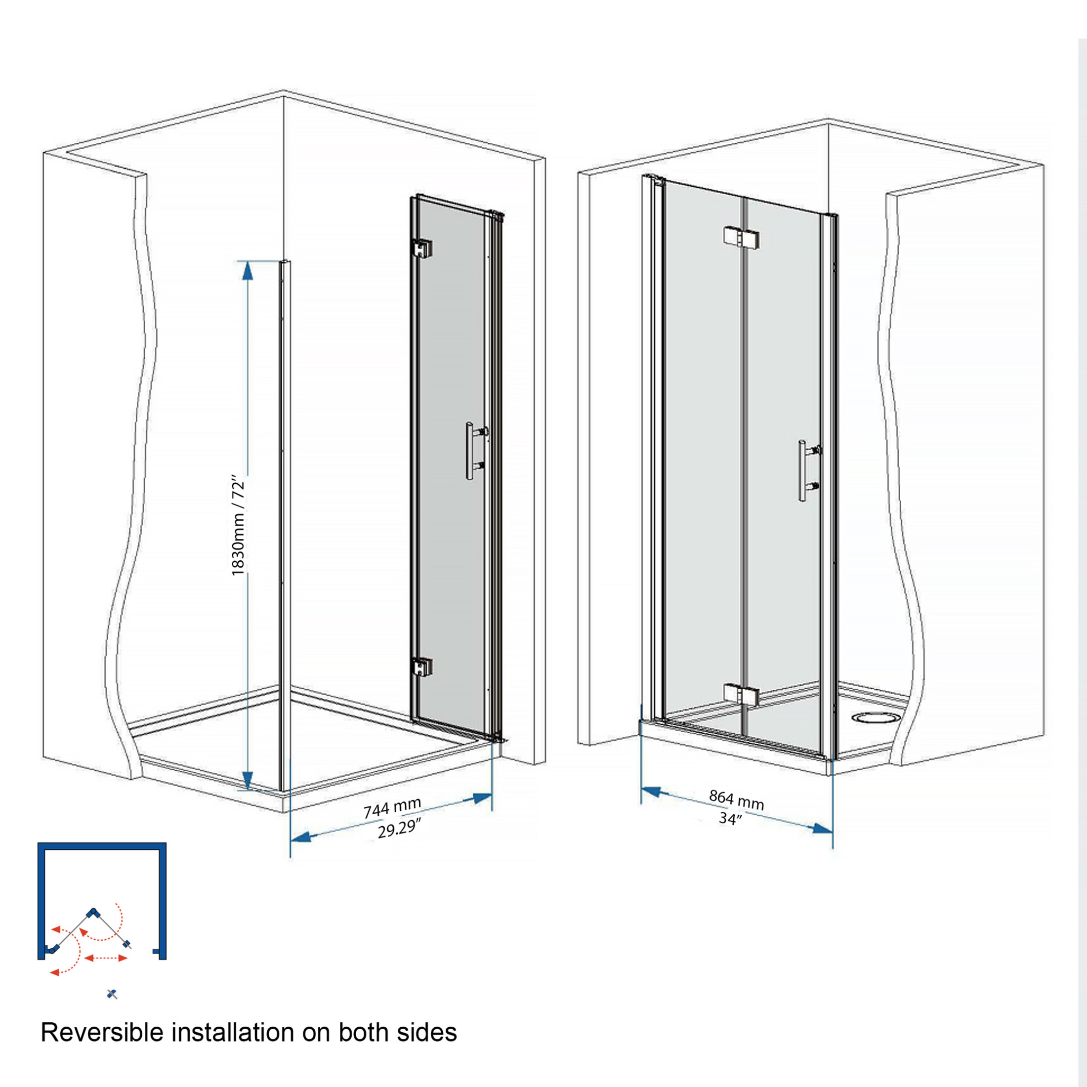 Noble House 34"x72" Bifold Shower Door, Tempered Glass with Aluminum Frame, Matte Black Finish
