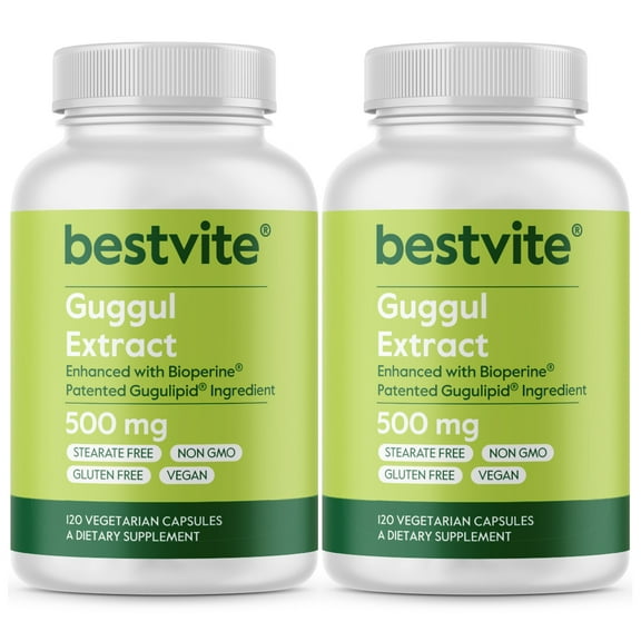 Guggul Extract 500mg (240 Vegetarian Capsules) (2-Pack) - Backed by Clinical Research, Patented and Standardized, Enhanced by Bioperine - No Fillers - No Stearates - Vegan - Non GMO - Gluten Free