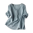 thumbnail image 3 of ClodeEU Women's Embroidered Linen Blend V Neck Short Sleeve T-Shirt ,Casual Top for Summer Blue,Womens Plus XL, 3 of 6