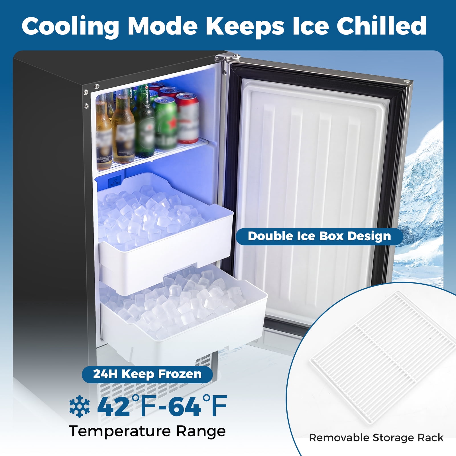 Costway Ice Maker 90 lbs/Day, 25 lbs Storage, 15” W Built-in Freestanding Ice Making Silver+Black