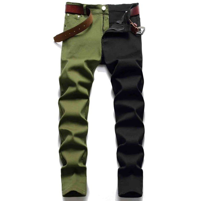 Yievot Mens Denim Pants Clearance New Fashion Casual Zip Two-Tone Patchwork  Trousers Washed Stretch Casual Straight Leg Jean Green 2XL 