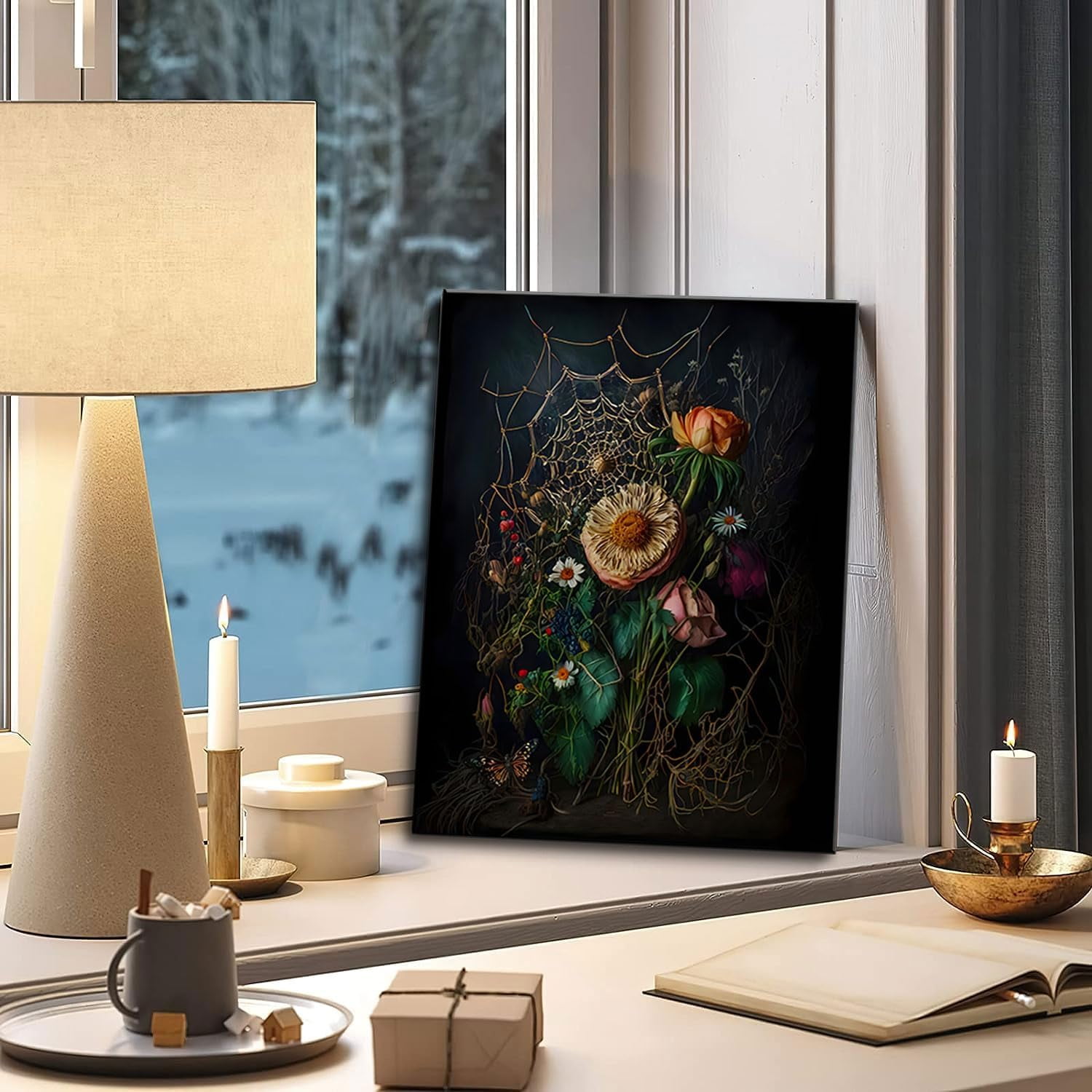 Framed Vintage Botanical Floral Spiderweb Canvas Moody Wall Art Prints Victorian Gothic Dark Academia Poster Wall Decor Aesthetic Room Art Retro Plant Oil Painting 12"x16"