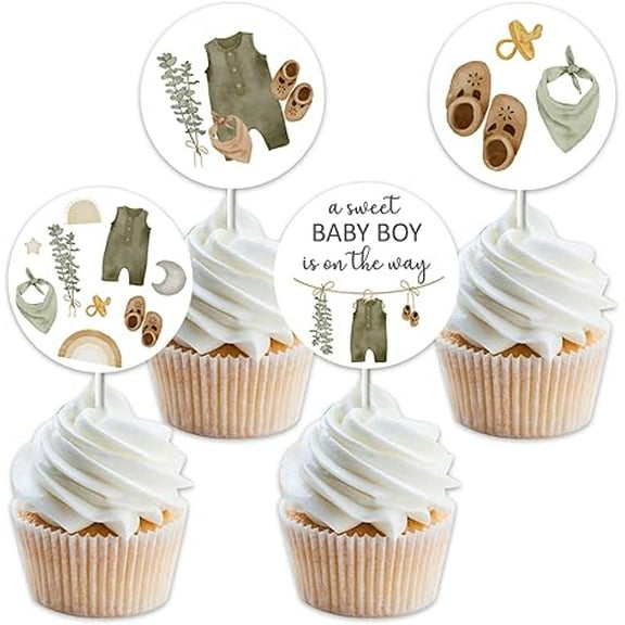 36pcs Boho Baby Clothes Cupcake Toppers for Boy, Boy Baby Shower Cupcake Toppers, Baby Clothes Shower Decorations Sage Green, a Sweet Baby Boy Is On The Way Decorations