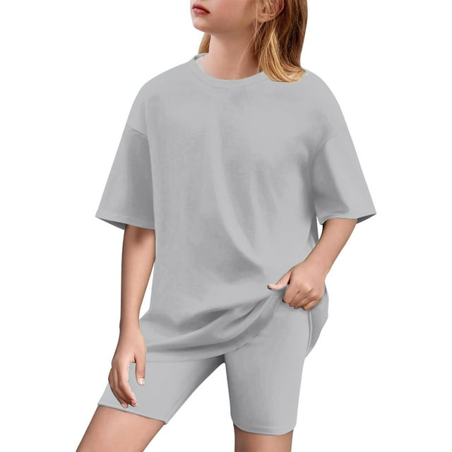 Ensemble 2 Pcs pour Fille, T-Shirt à Manches Courtes à Imprimé Graphique et Short de Cycliste, Survêtement d'Entraînement