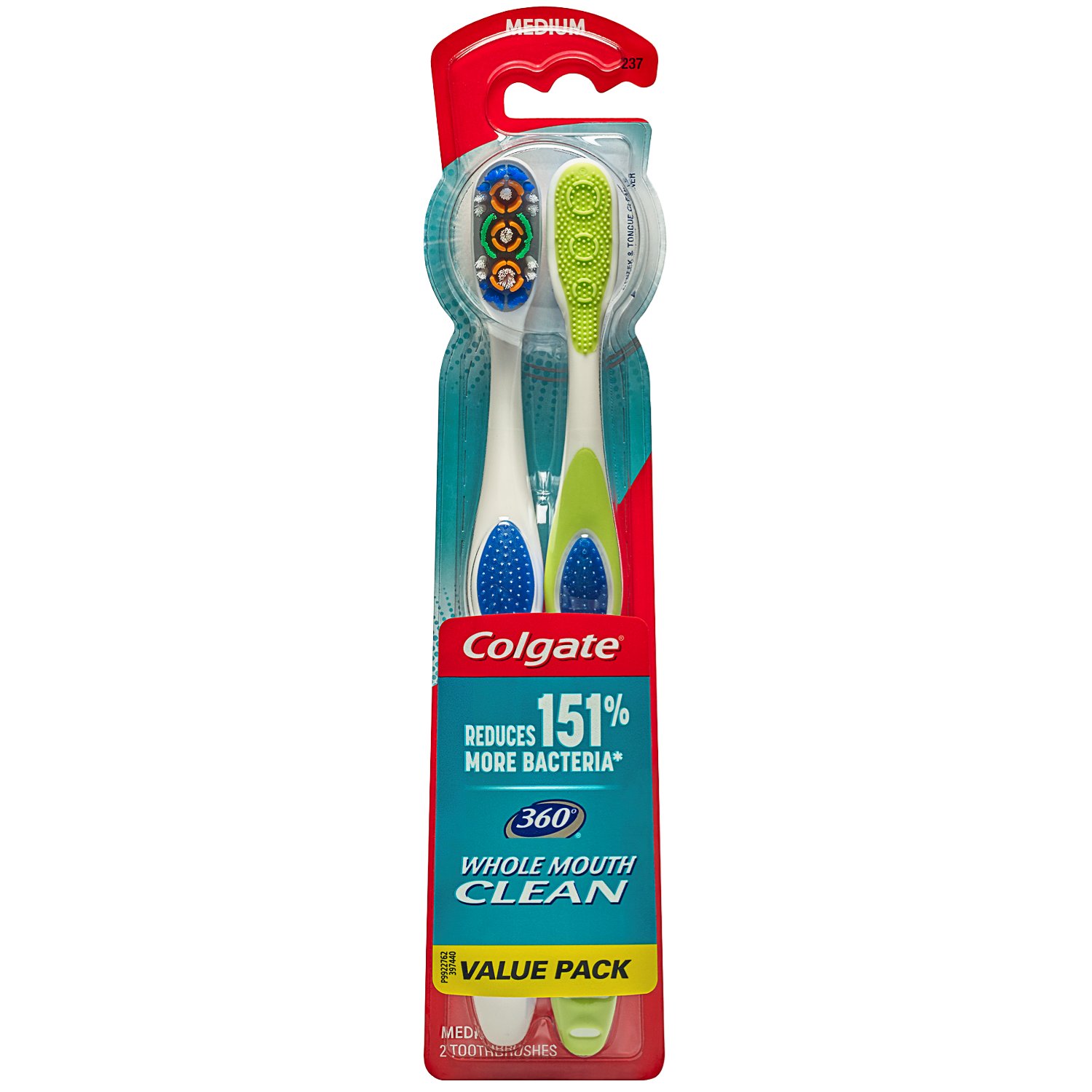 Colgate 360 Manual Toothbrush with Tongue and Cheek Cleaner, Medium, 2 Ct