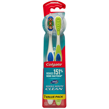 Colgate 360 Manual Toothbrush with Tongue and Cheek Cleaner, Medium, 2 Ct