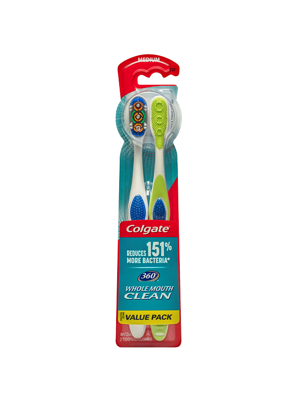 Colgate 360 Manual Toothbrush with Tongue and Cheek Cleaner, Medium, 2 Ct
