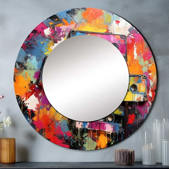 Designart "Tunes Enchevêtrées Cassettes II" Cassettes Rubans Miroir Enroulé pour Décoration Murale - Grand Miroir Rond Imprimé Multicolore - Miroir Rond Industriel 36 Pouces x 36 Pouces Pouces