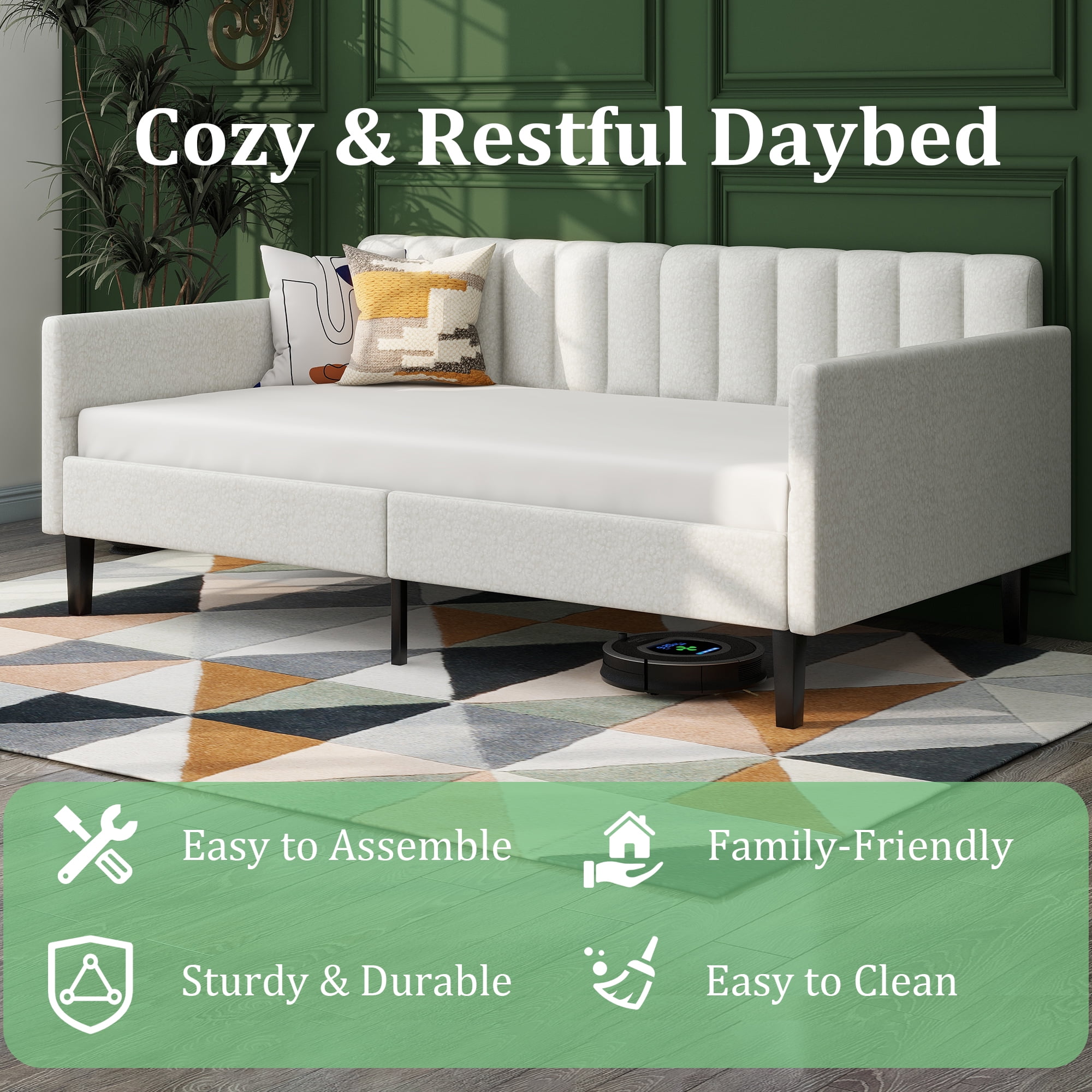 ★TOUT Y EST★ Numer Draw Mini Quilting Ivory BOBBAUF539IV00 Miniyam Twin Size Ivory Boucle Upholstered Daybed - Walmart.com